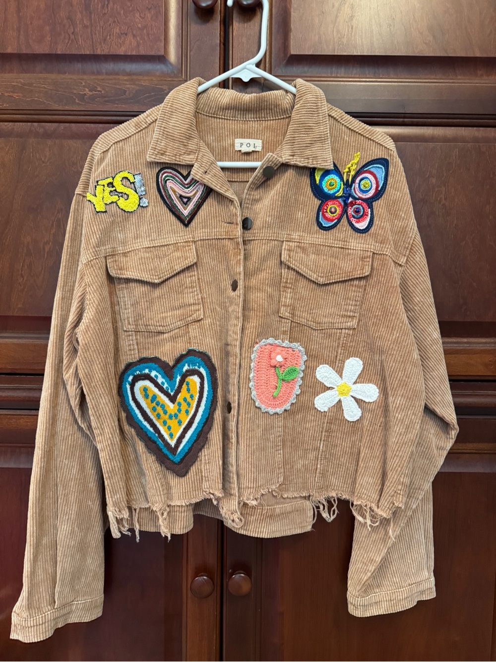 POL Tan Corduroy Jacket with Colorful Patch Appliqués